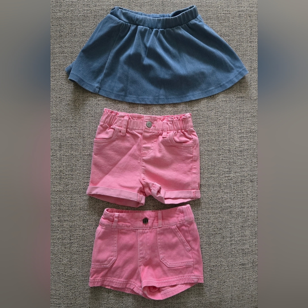 Two Pink Cotton Denim Look Shorts & One Blue Denim-Look Skort Bundle 18M